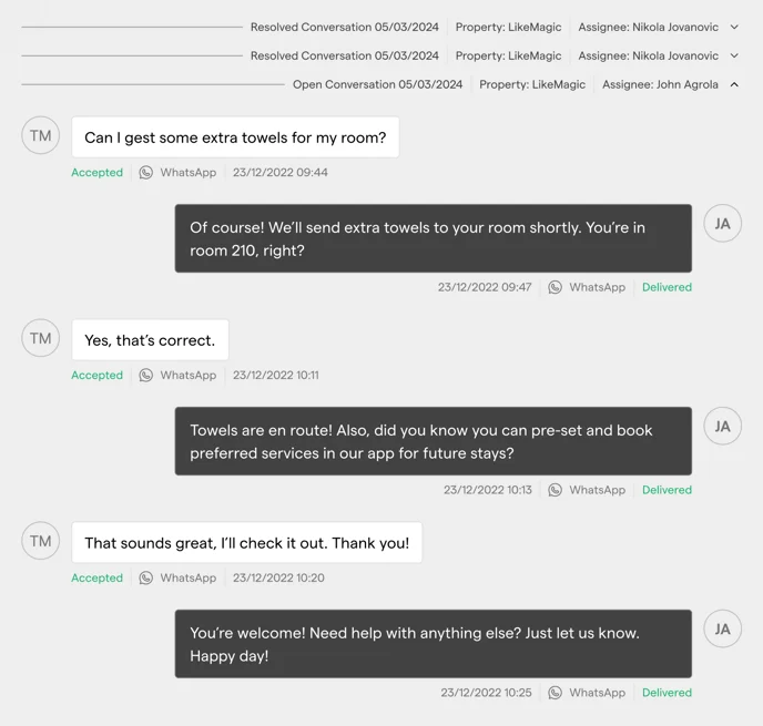 Earlier resolved conversations above the open one, each message with timestamp, delivery status and channel
