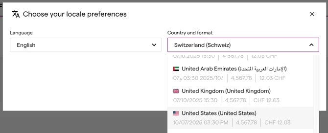 The locale preferences dialog with the Country and format dropdown open, each country showing its own date and number preview