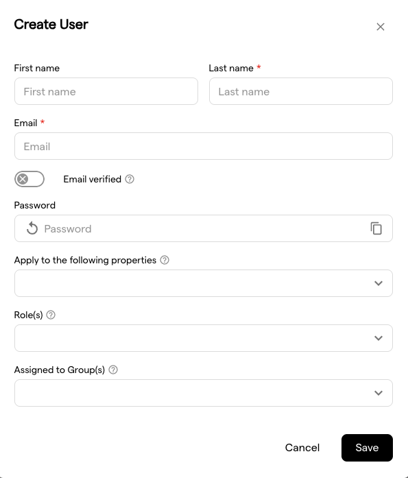 The Create User dialog with the profile, password, roles and group fields