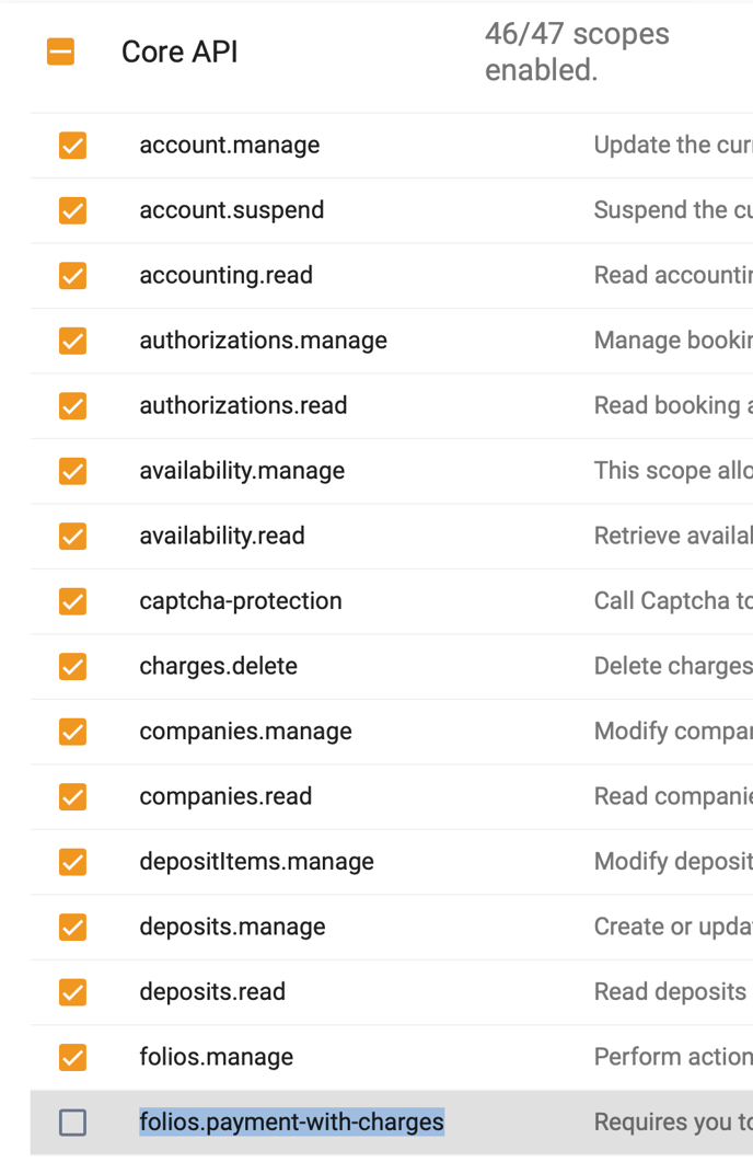 The Core API scope list with every scope ticked except folios.payment-with-charges, which is highlighted