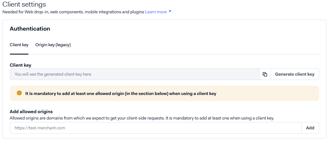 The Client settings section with the Generate client key button and the Add allowed origins field