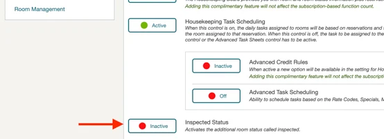 The Room Management controls with Inspected Status set to Inactive