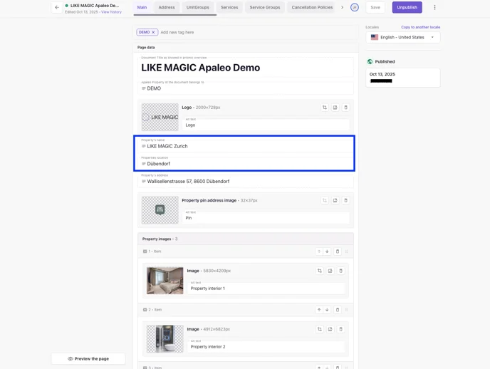 Main page with the Apaleo Property ID field and the property name