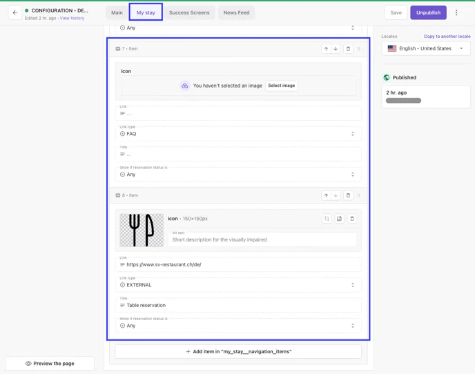 My Stay page of the Configuration document with the Link Types FAQ and EXTERNAL