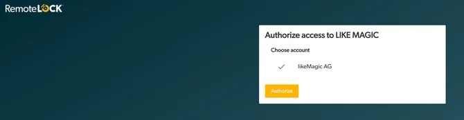 The RemoteLock consent page "Authorize access to LIKE MAGIC" with the account selected and the Authorize button
