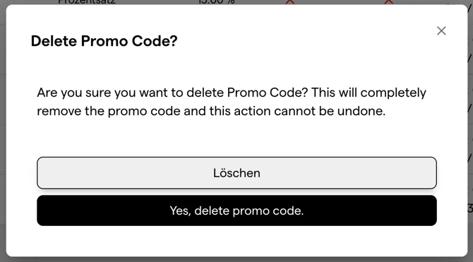 Delete Promo Code confirmation dialog with a cancel button and the confirming Yes, delete promo code button