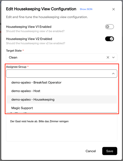 The edit dialog with the assignee group list open, showing the property's user groups