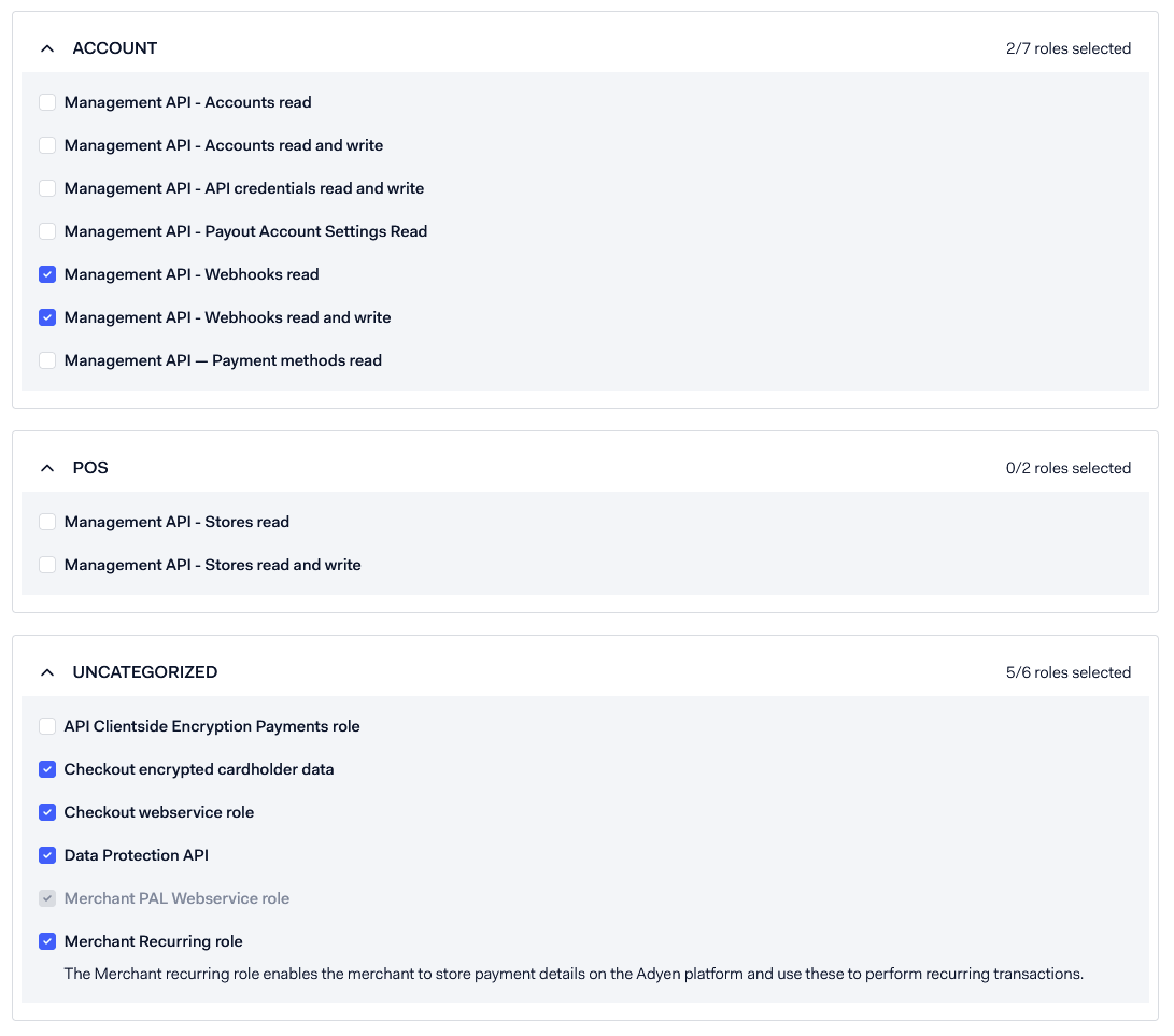 The Roles section with Webhooks read, Webhooks read and write and the Checkout, Data Protection and Recurring roles selected