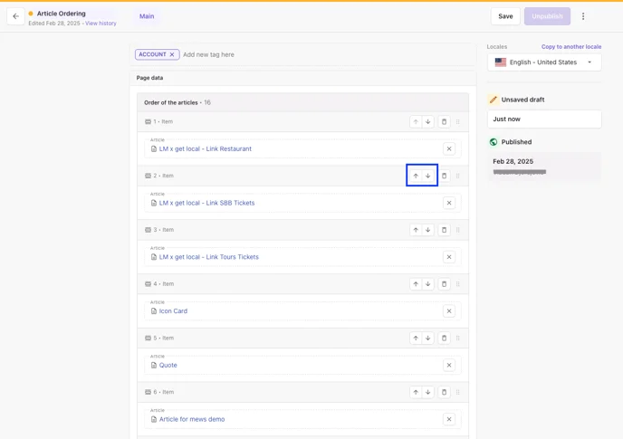 Article Ordering list with the up and down arrows next to an article