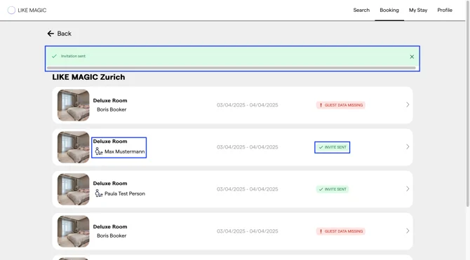 The Booking Overview confirming that the guest has been invited