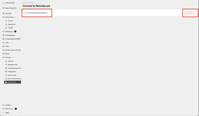 The Connect to RemoteLock page with the status "Connected to RemoteLock" and the Disconnect button
