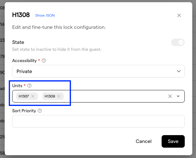 The lock configuration dialog for lock H1308, with both H1307 and H1308 in the Units field