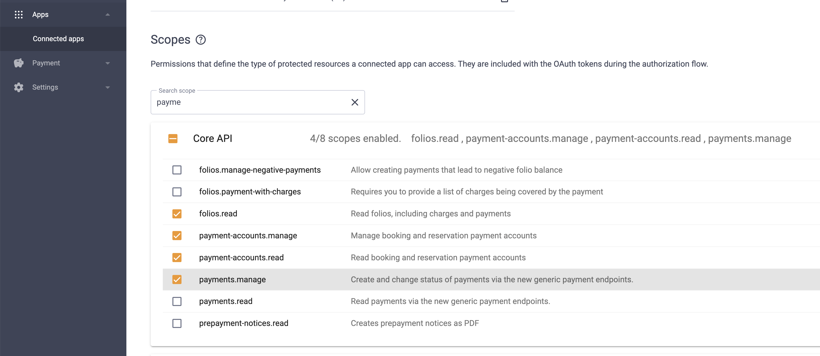 The two payment-accounts scopes selected in the Core API scope list