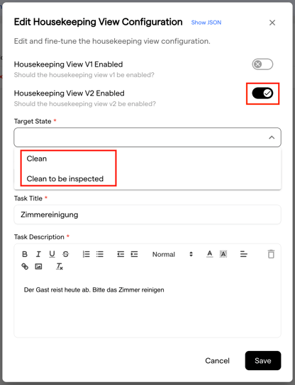 The edit dialog with the Housekeeping V2 switch on and the target state list open, showing Clean and Clean to be inspected