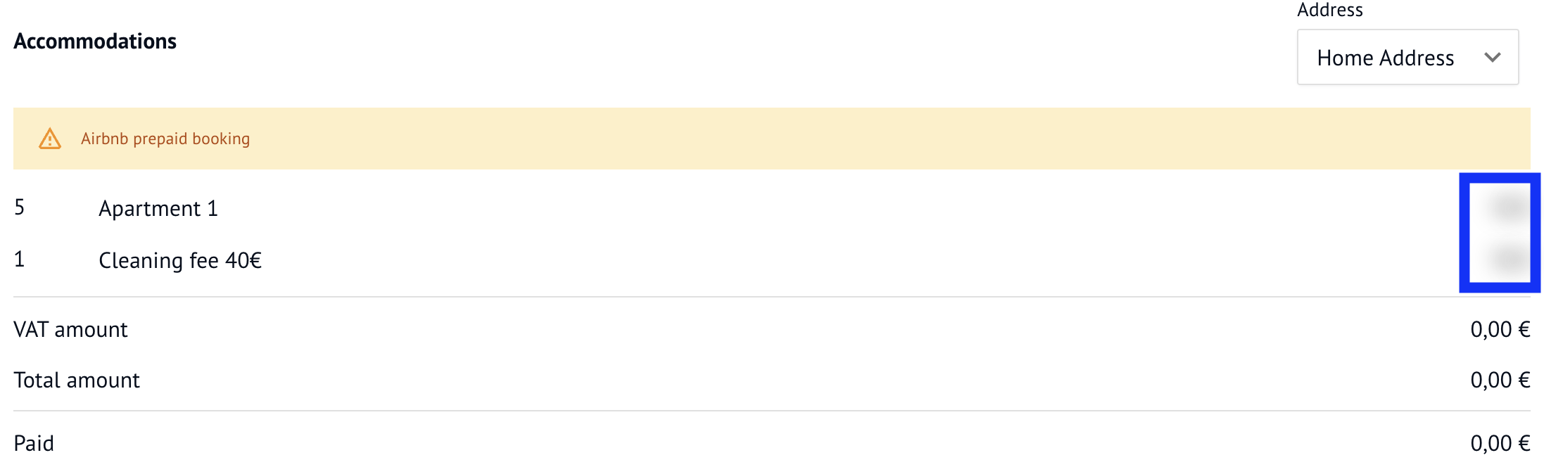 A guest's charge list for a prepaid Airbnb reservation, with both line items listed and their prices blurred out