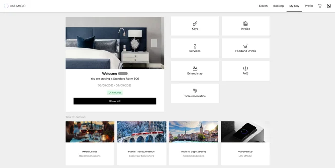 Digital Guest Portal in desktop mode with the FAQ, Table Reservation and Shop tiles