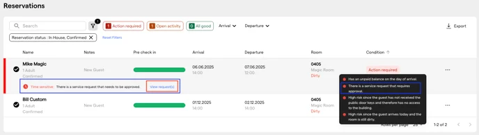Approval-required service flagged in the Reservations List