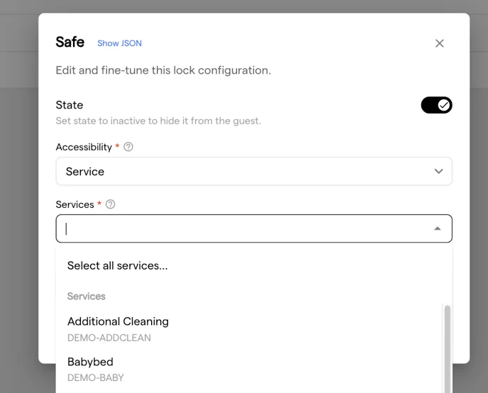 The lock configuration dialog with Accessibility set to Service and the Services picker open