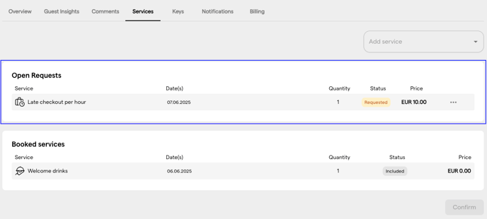 Detailed overview of service approval requests after clicking View requests