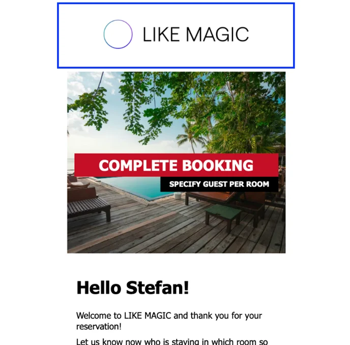 Email with the header logo framed above the hero image and the greeting