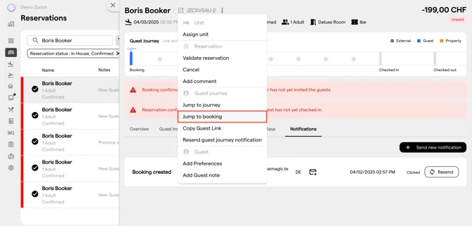 The reservation actions menu in the Operations Platform with the Jump to booking action