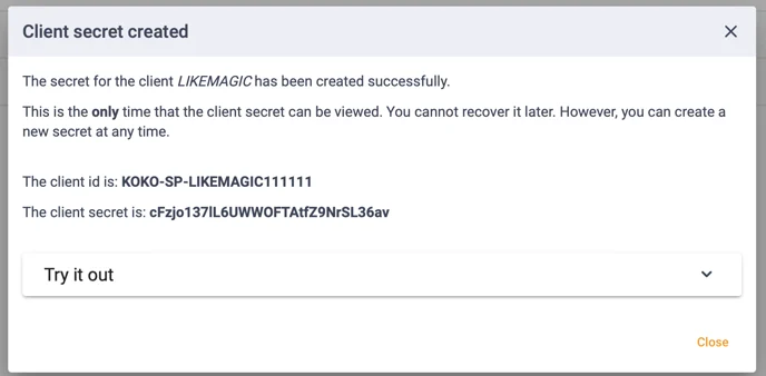 The popup showing the generated ClientId and ClientSecret