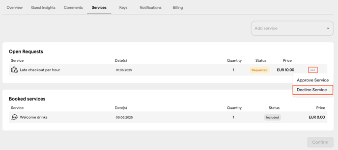 Three-dot menu next to the service price for approving or declining it