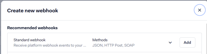 The Create new webhook dialog with the Add button of the Standard webhook