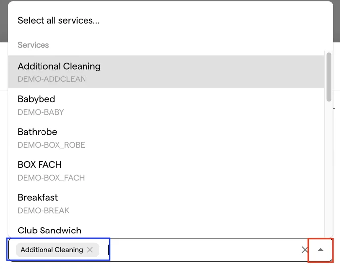 The Prepaid Services dropdown with the service Additional Cleaning selected