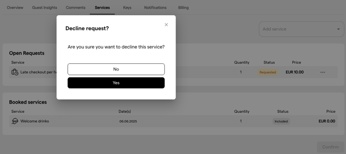The service marked as declined in the request overview