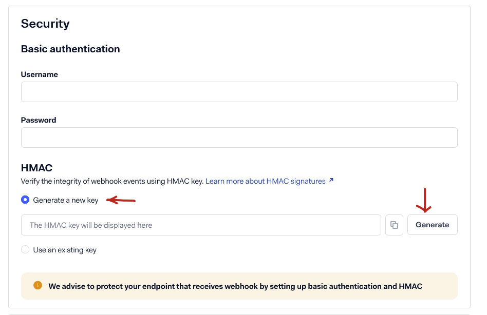 The HMAC section with Generate a new key selected and the Generate button
