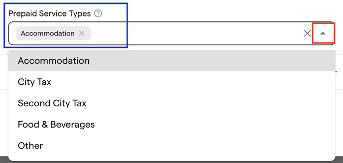 The Prepaid Service Types dropdown open, with Accommodation selected and City Tax, Second City Tax, Food & Beverages and Other listed