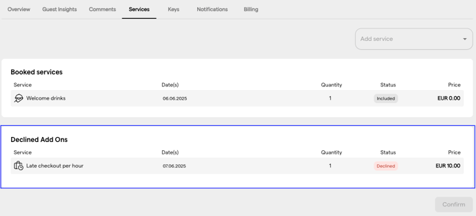 Guest notification about a declined service