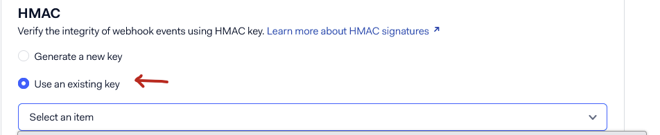 The HMAC section with Use an existing key selected and the key selection field