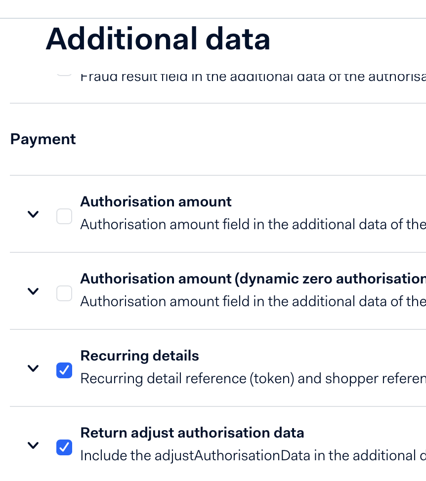 The Additional data page with options of the Payment group selected