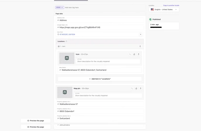 Address page with Address title, Google Maps link and Geo point
