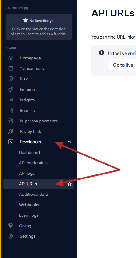 The Developers menu with API URLs highlighted, next to the API URLs page