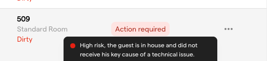 A flagged reservation row showing Action required, with a tooltip explaining that the guest is in house but did not receive a key