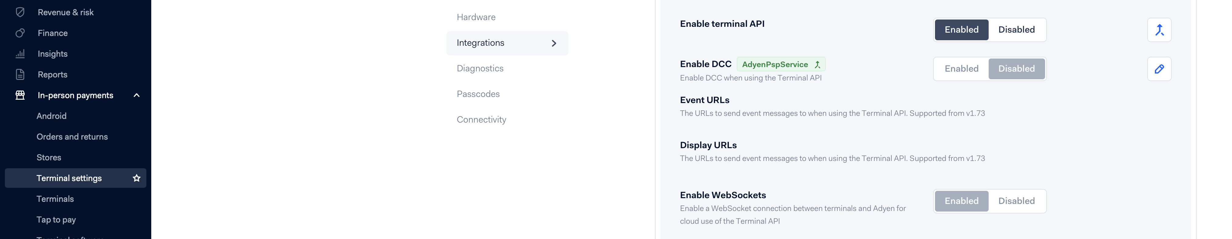 The Integrations section of the Terminal settings with Enable WebSockets set to Enabled