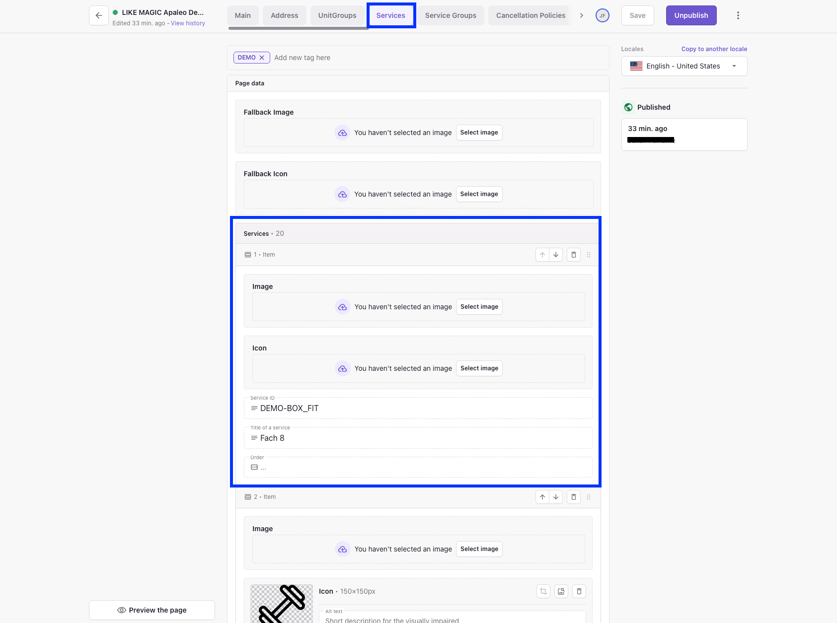 Services section with icon, PMS service ID and title