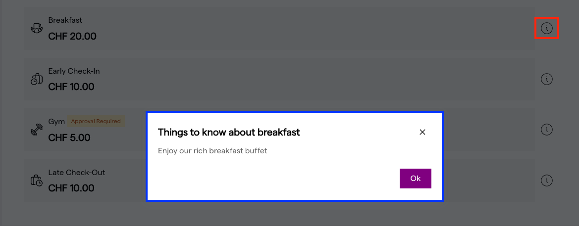 Service modal during the booking of a service