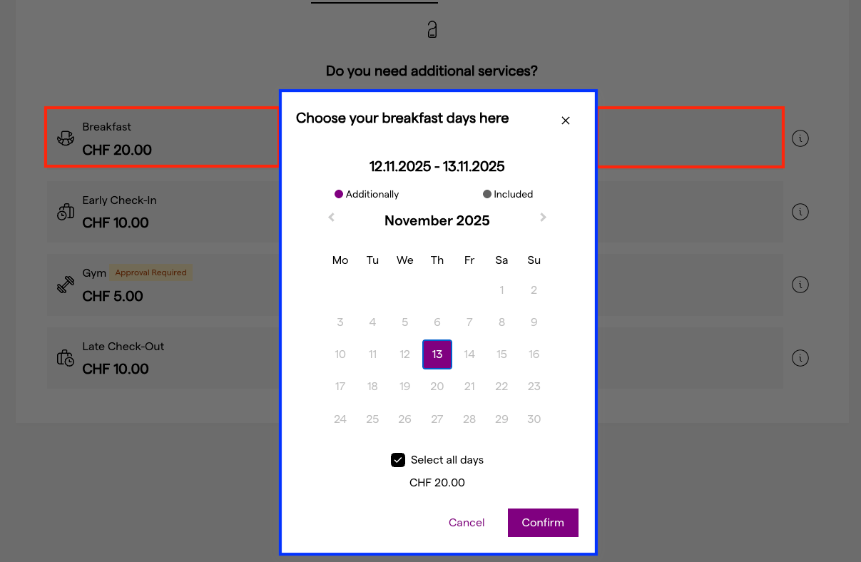 Service modal with its text on the guest platform