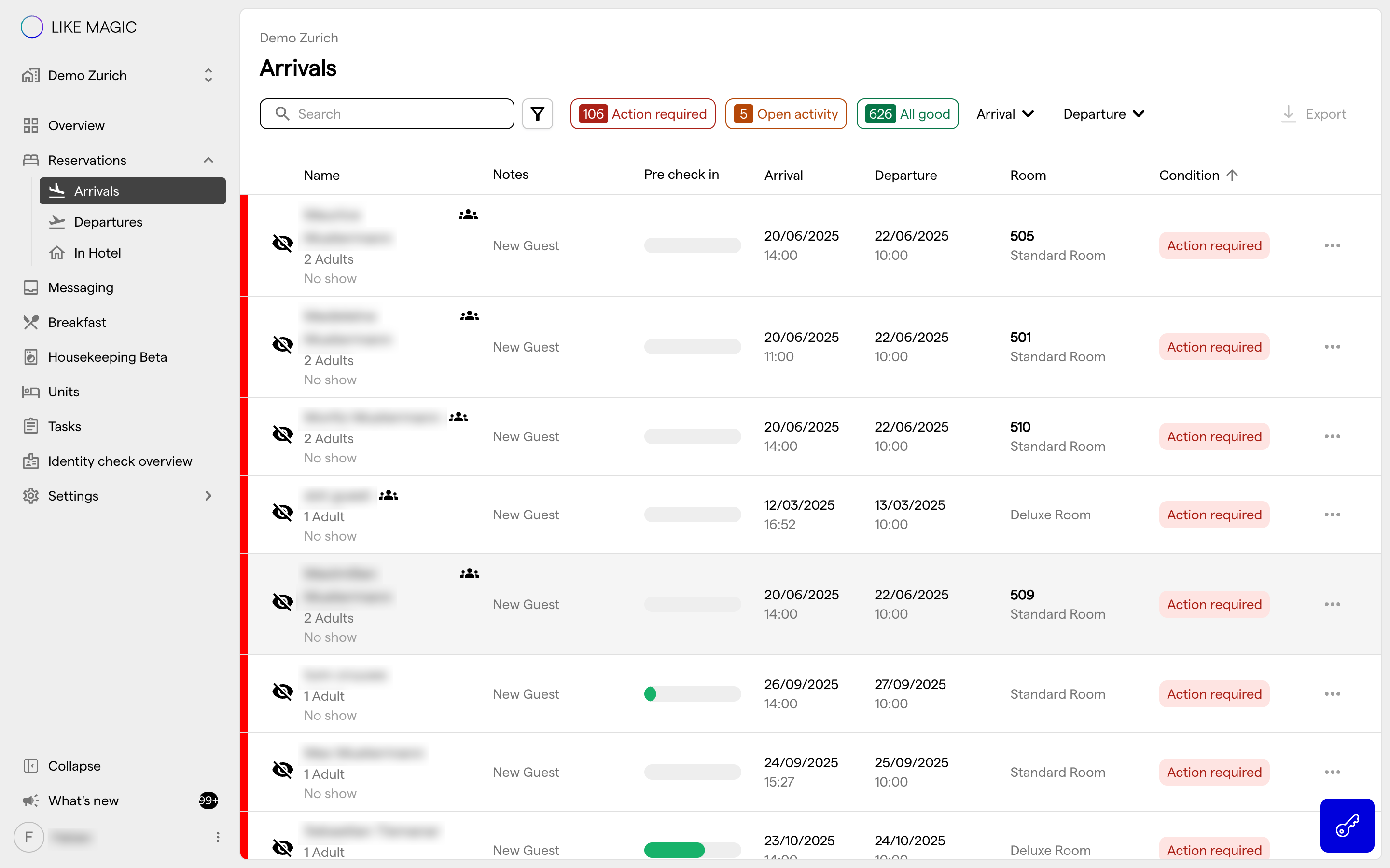 The sidebar with Reservations expanded and Arrivals highlighted as the active entry, next to the Arrivals list