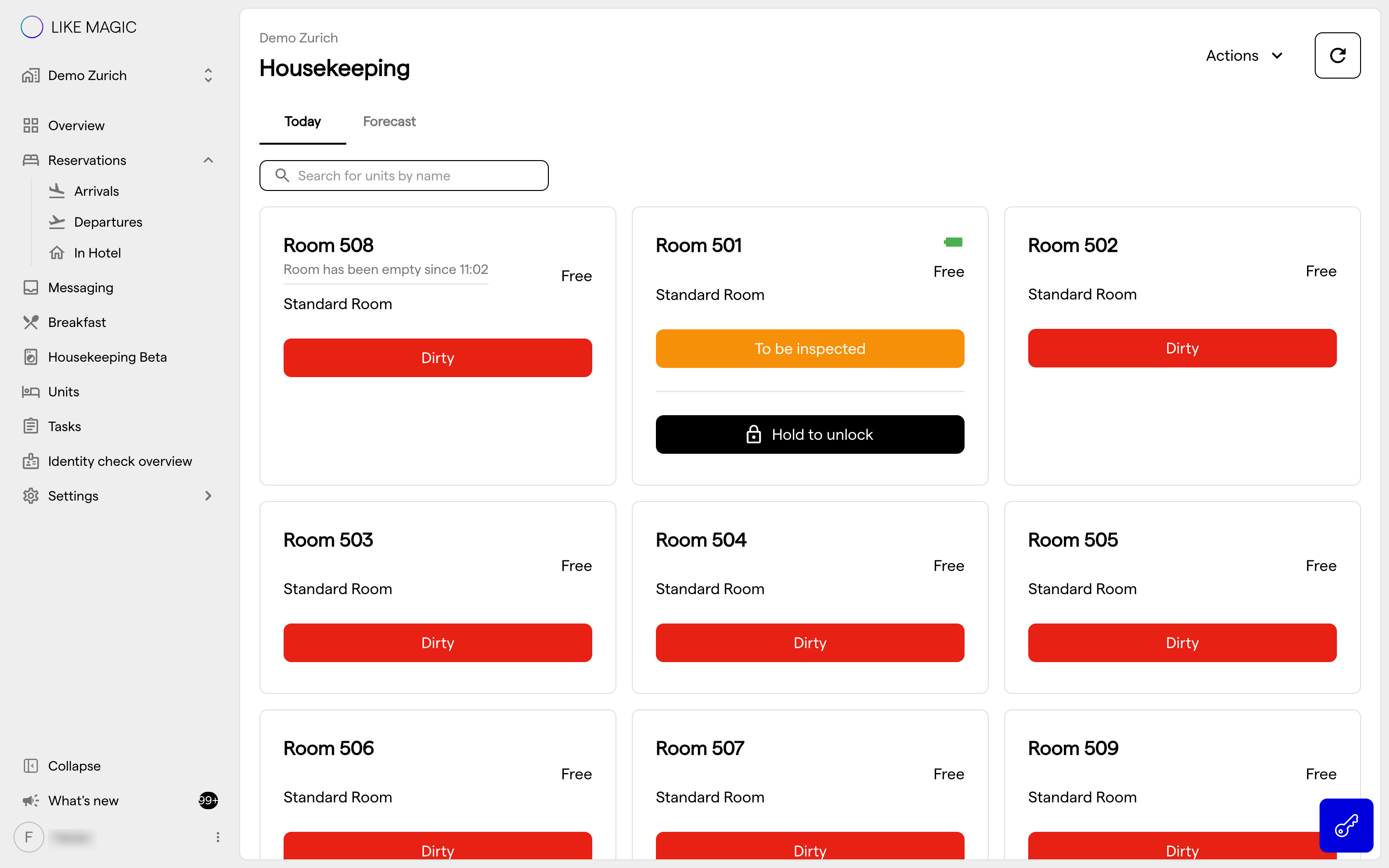 The V1 housekeeping board, a flat list of units to clean