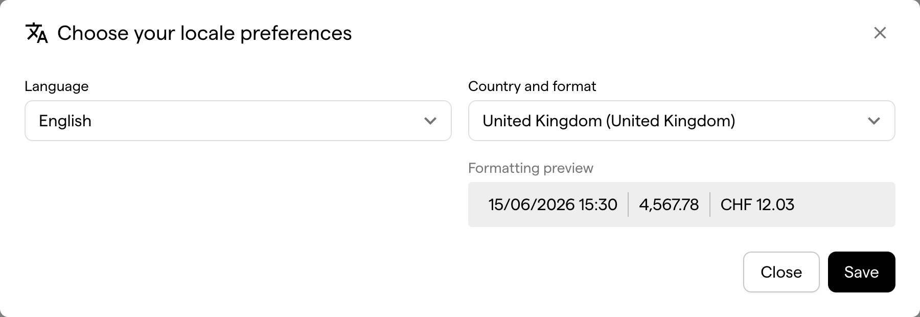 The language and format picker, with the interface language and the country format side by side