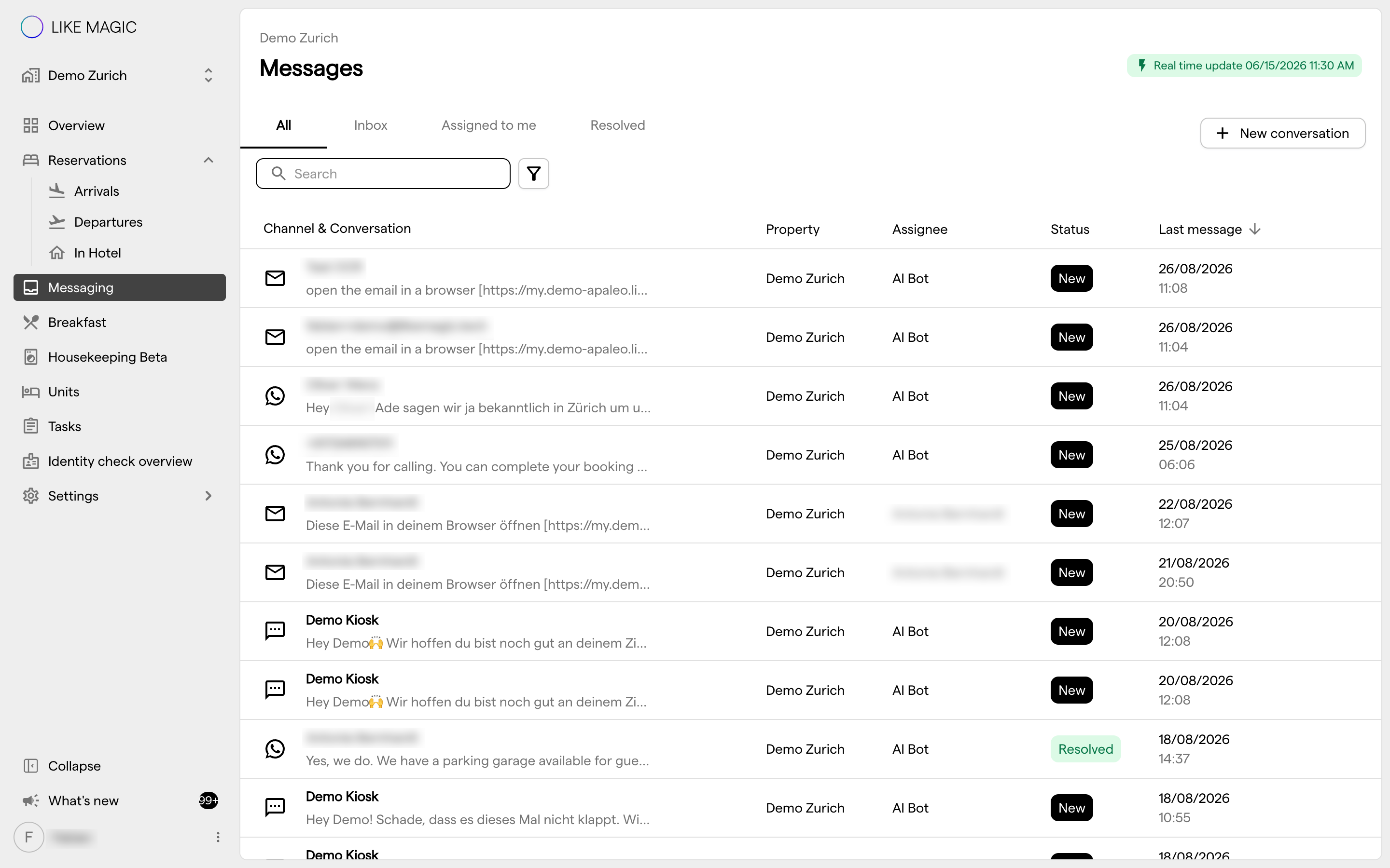 The Messages screen, listing conversations with their channel, assignee and status