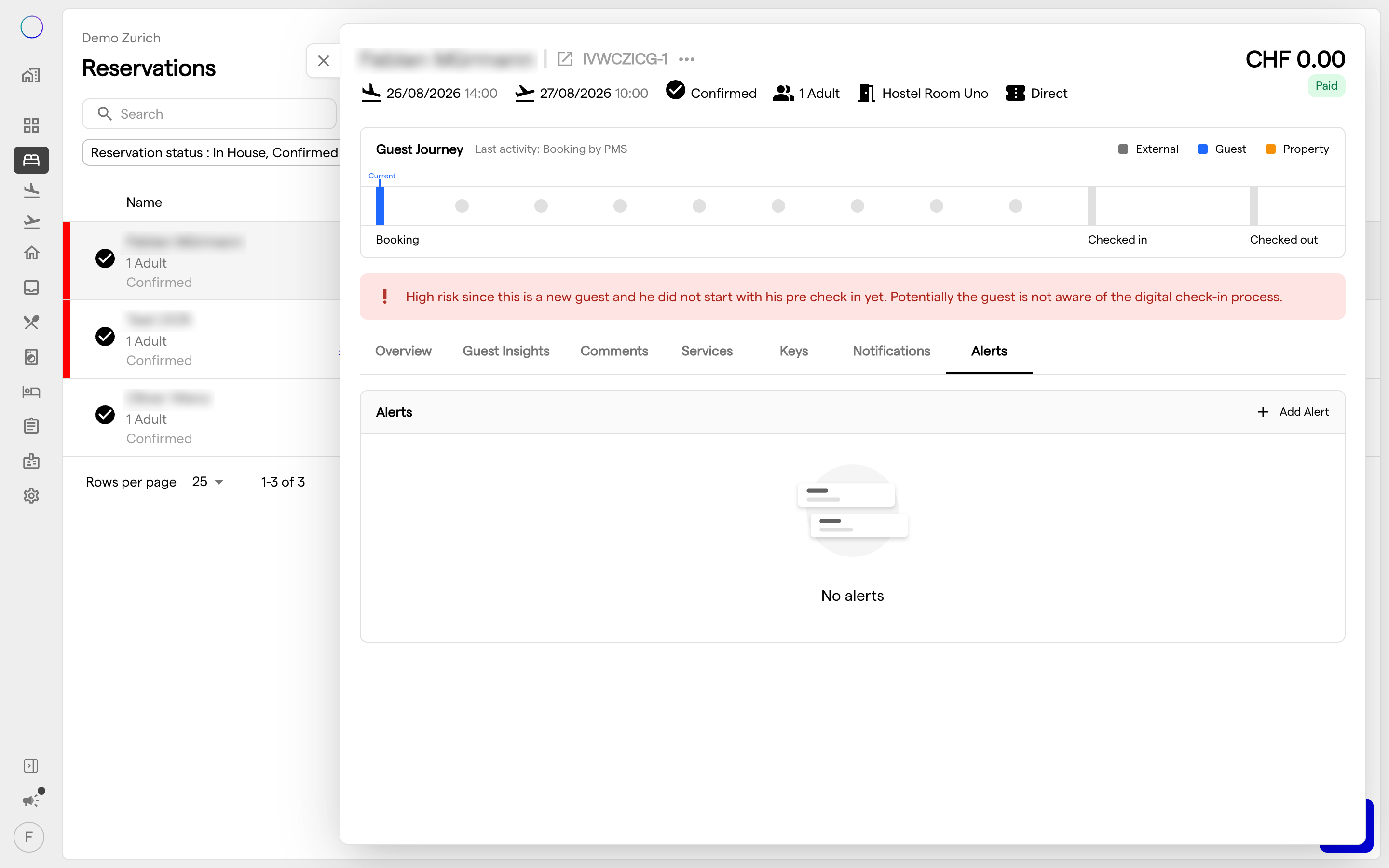 The Alerts tab of the reservation detail drawer