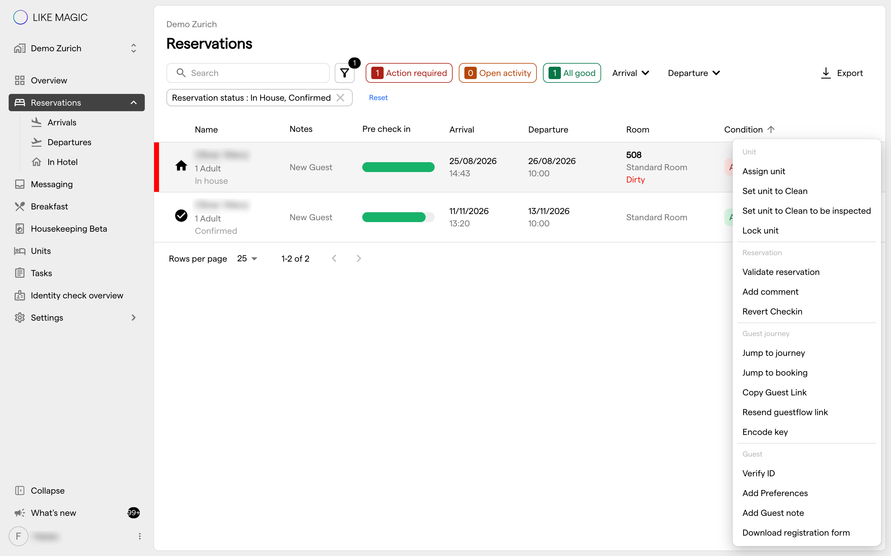 The ⋮ Action Menu on a reservation row in the Reservations Overview