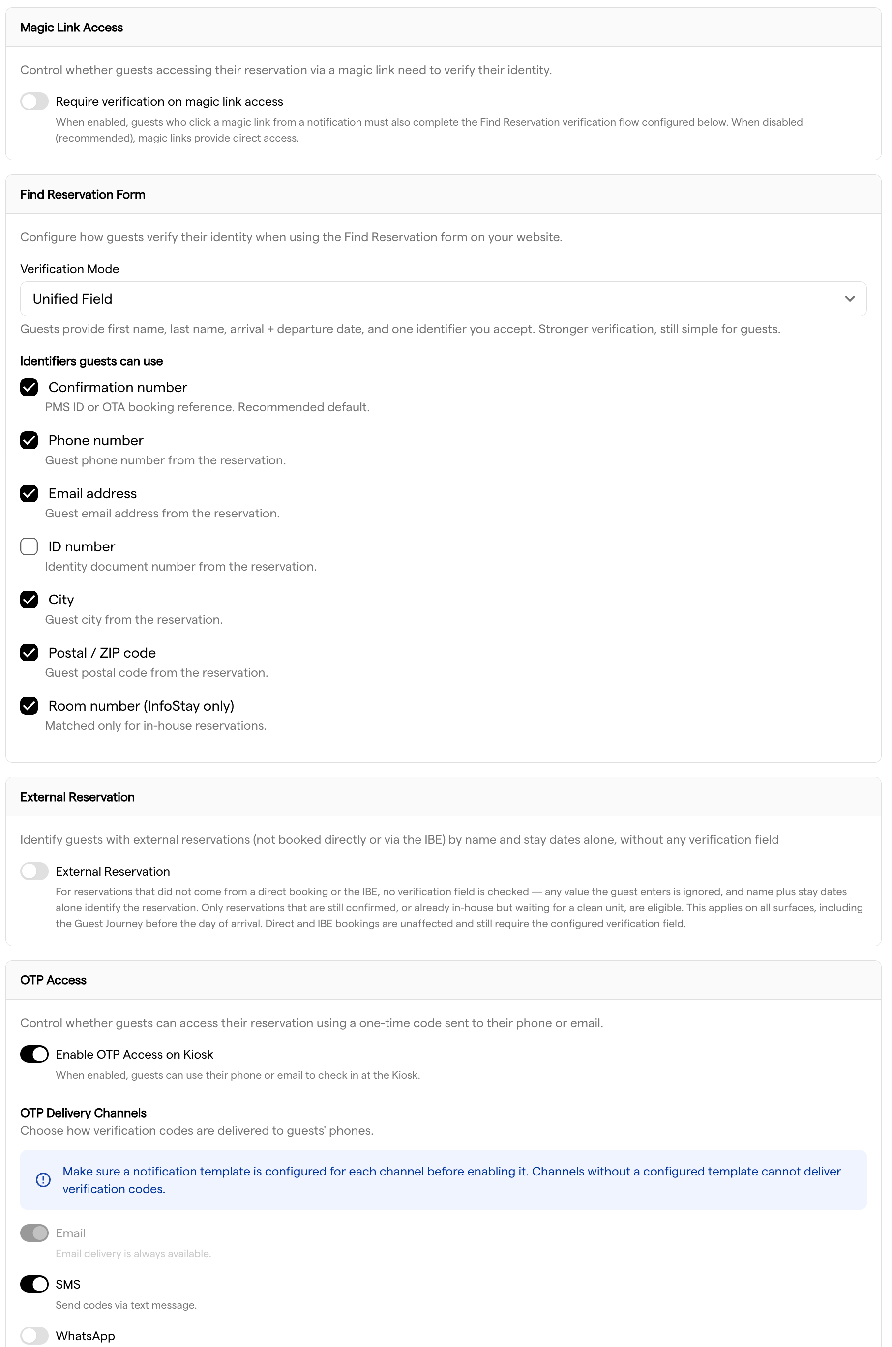 The Guest Access settings page with the Magic Link Access, Find Reservation Form, External Reservation and OTP Access sections