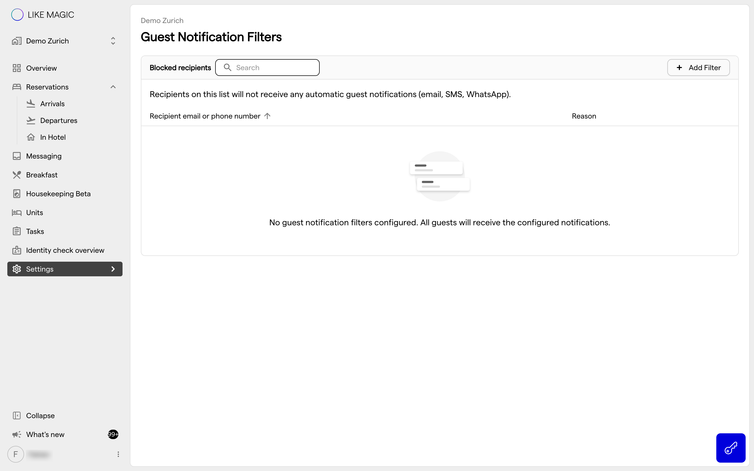 The Guest Notification Filters page